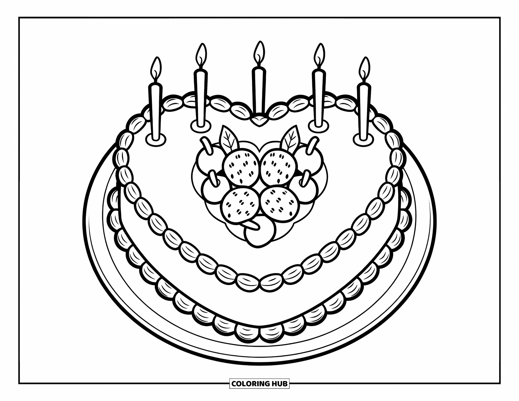 Cake Coloring Page for Kids: A heart-shaped cake with piped edges, fruit in the center, and candles on a platter
