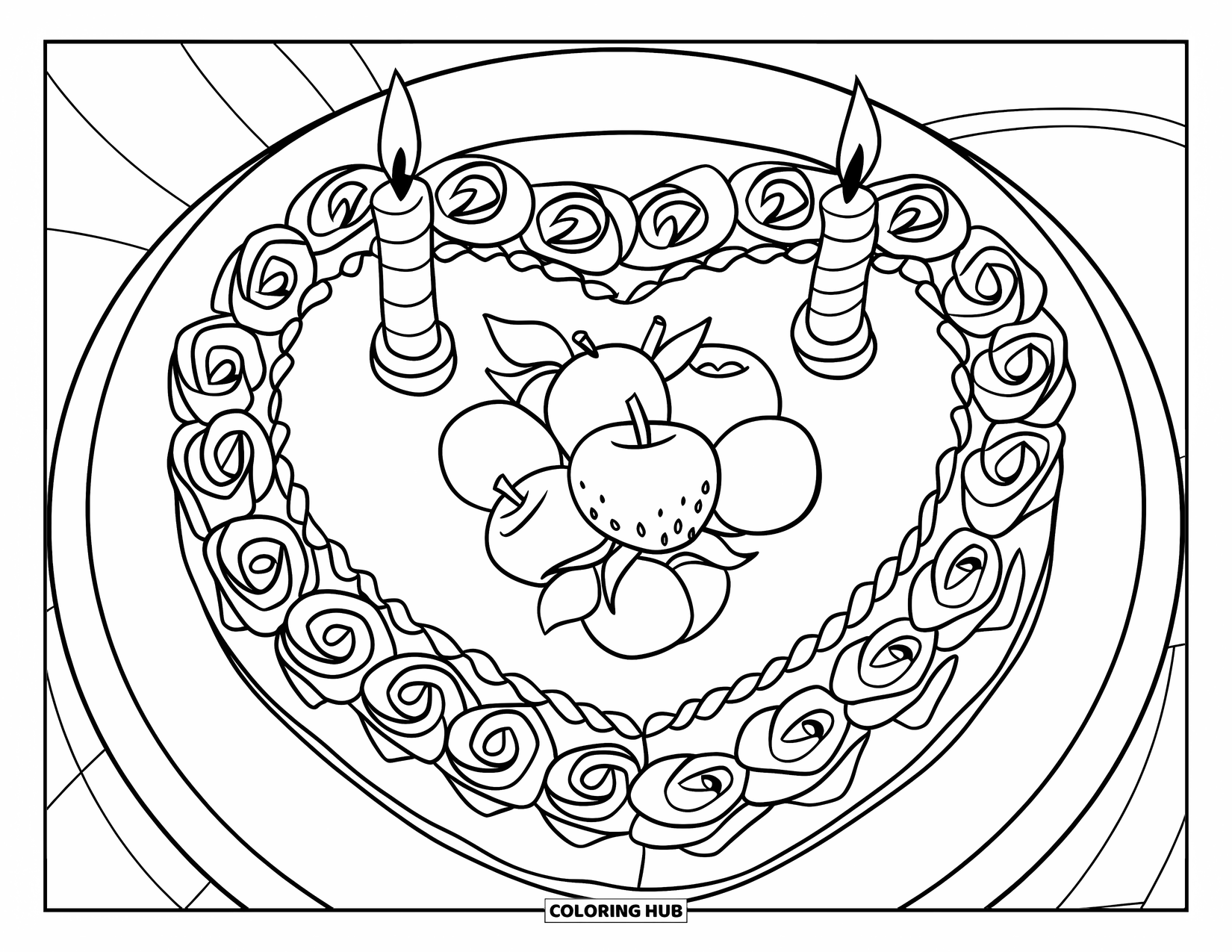 Cake Coloring Page for Kids: A heart-shaped cake with piped edges, surrounded by roses, with two candles