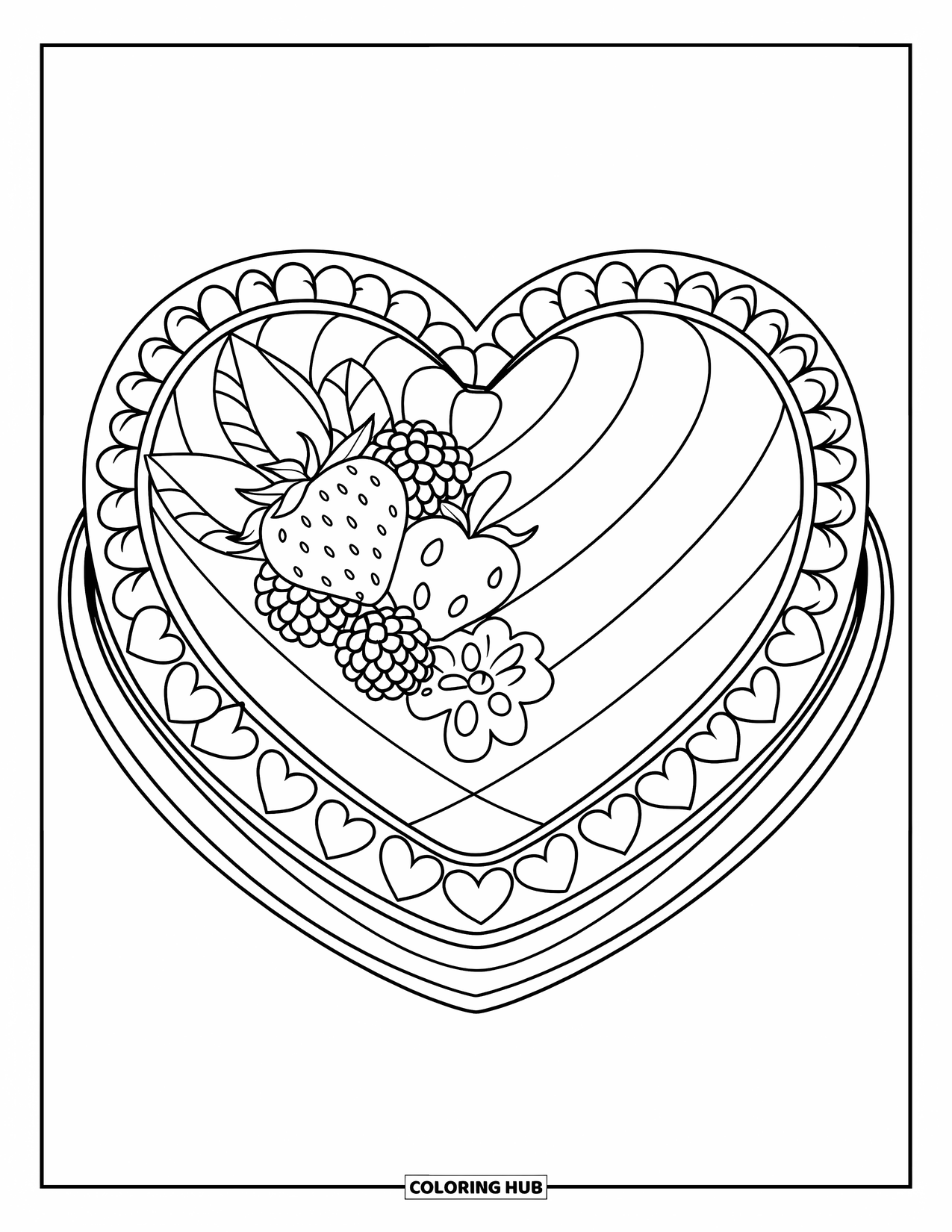 Cake Coloring Page for Kids: A heart-shaped cake with striped patterns, fruit garnish, and a border of hearts and flowers