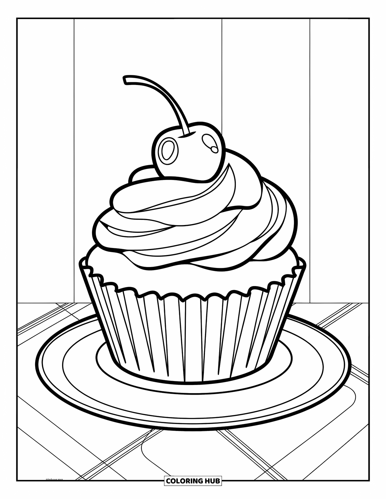 Cake Coloring Page for Kids: A plain cupcake with a swirl of frosting and a cherry