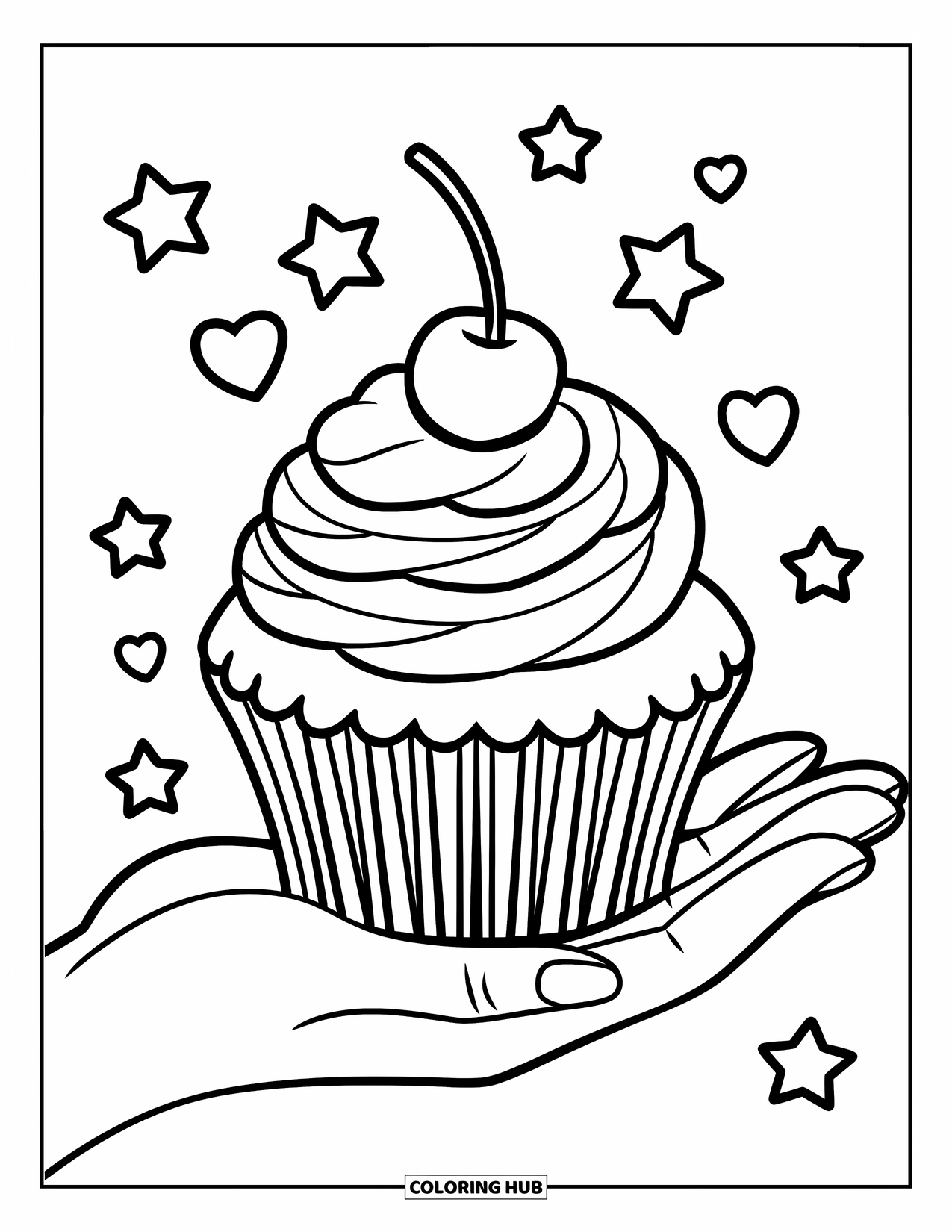 Cake Coloring Page for Kids: A plain cupcake with frosting and a cherry, held by a hand with stars and hearts