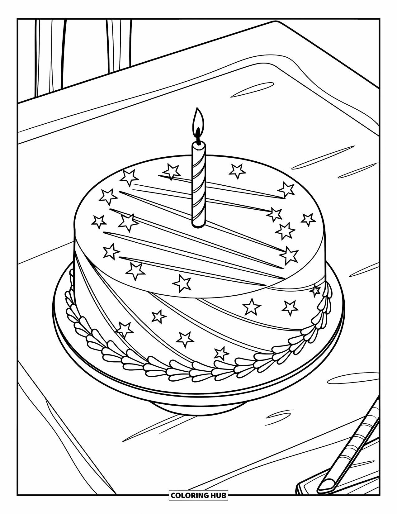 Cake Coloring Page for Kids: A round cake with diagonal piping, a candle, and scattered stars on a stand