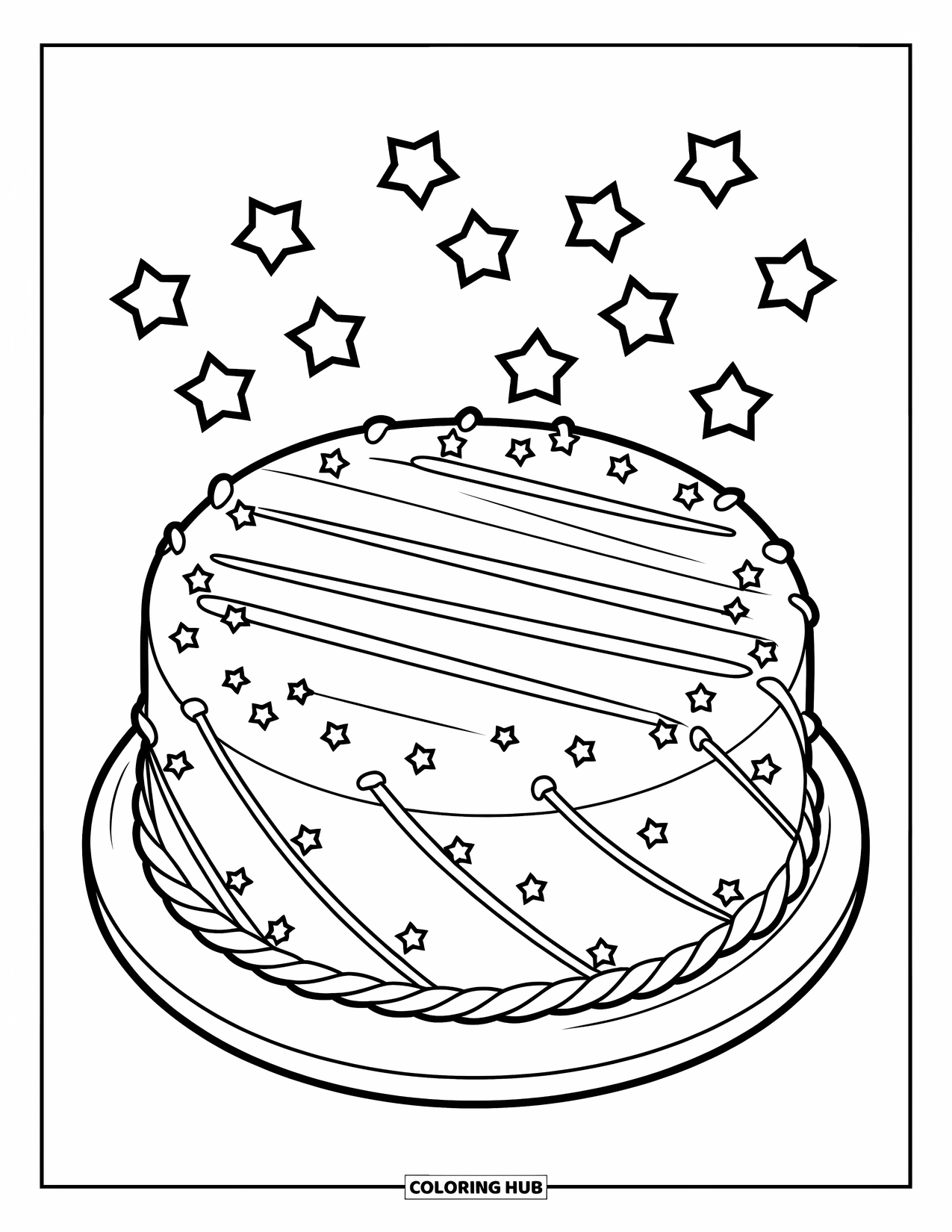 Cake Coloring Page for Kids: A round cake with diagonal piping and scattered stars on a cake stand