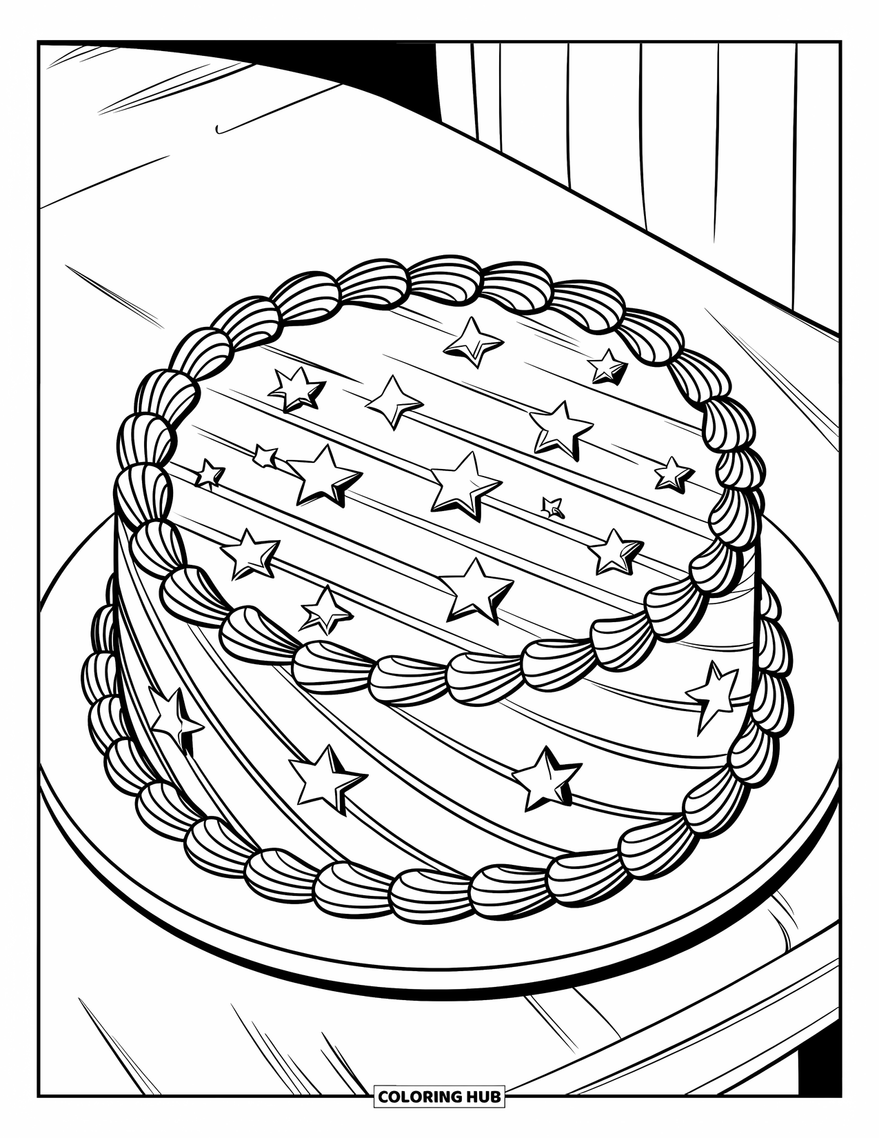 Cake Coloring Page for Kids: A round cake with diagonal piping and scattered stars on a plate