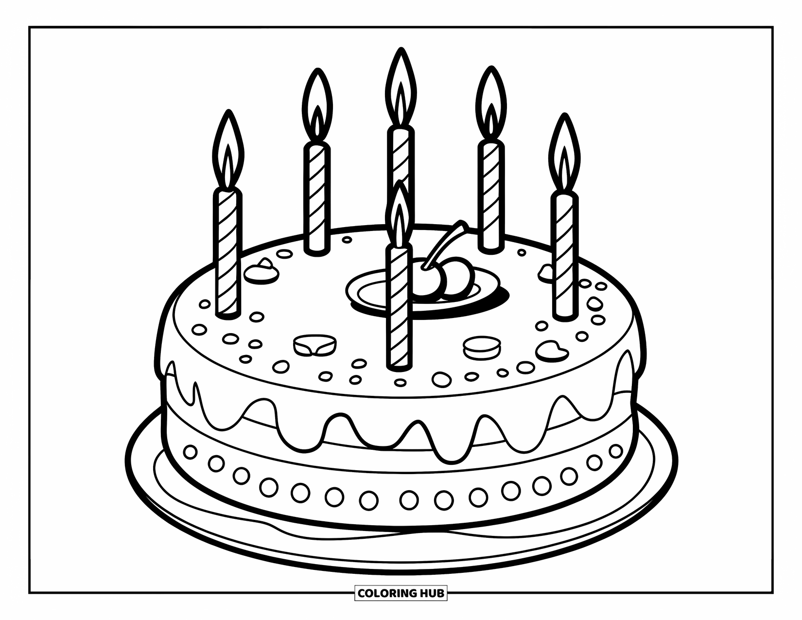 Cake Coloring Page for Kids: A round cake with four candles, decorative elements, and a cherry on top