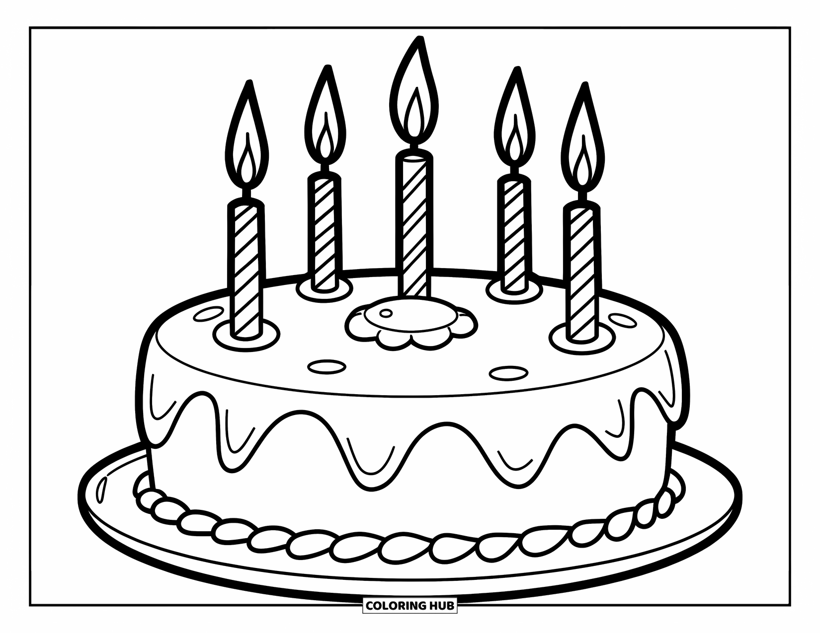 Cake Coloring Page for Kids: A round cake with four candles, glossy surface, and a small decoration on top