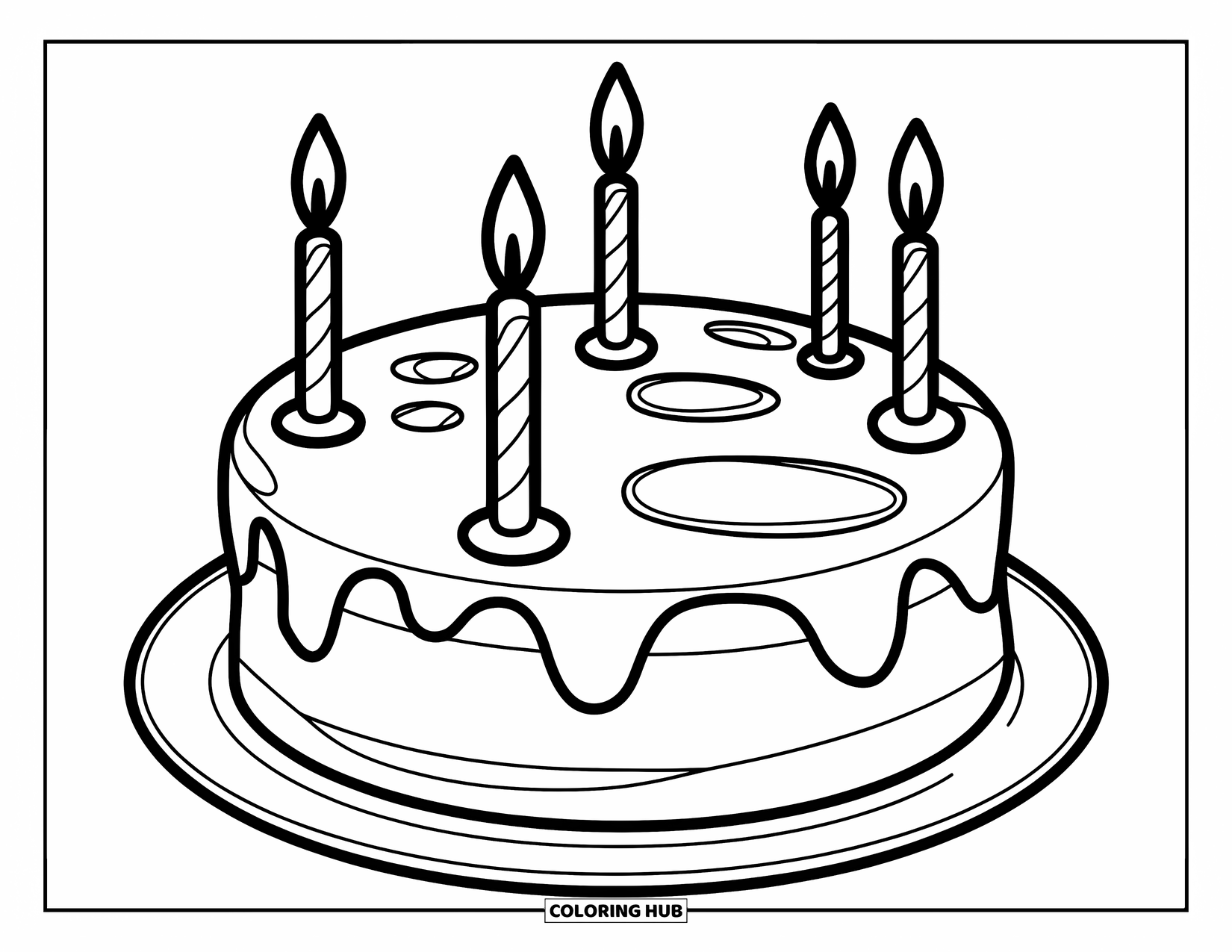 Cake Coloring Page for Kids: A round cake with four evenly spaced candles and a small amount of icing on top