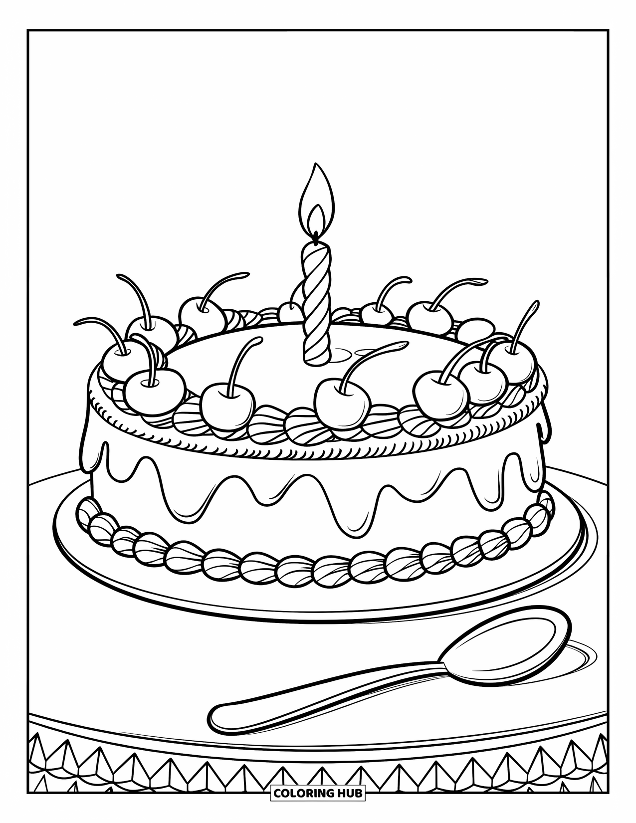 Cake Coloring Page for Kids: A round cake with piped borders, cherries, and a candle on a plate with a spoon