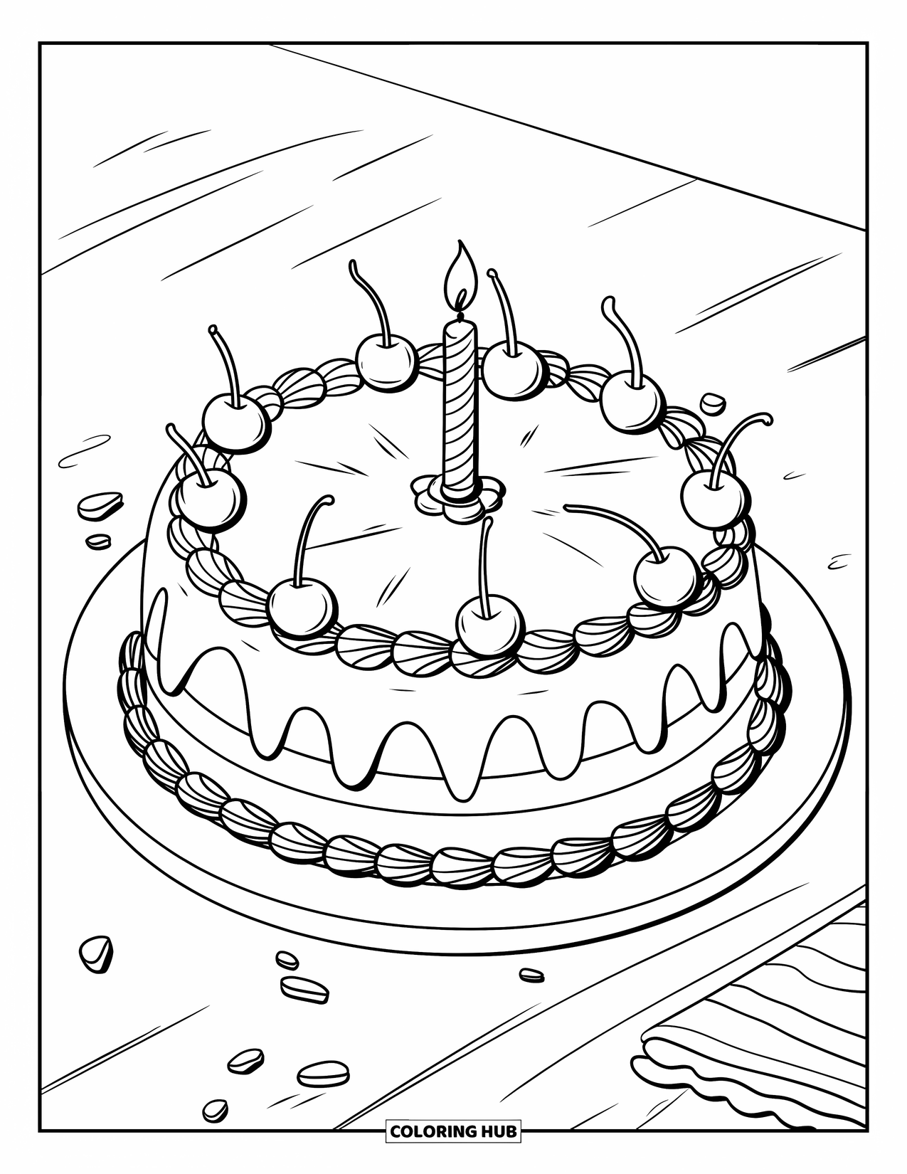 Cake Coloring Page for Kids: A round cake with piped borders, cherries, and a candle on a plate with crumbs