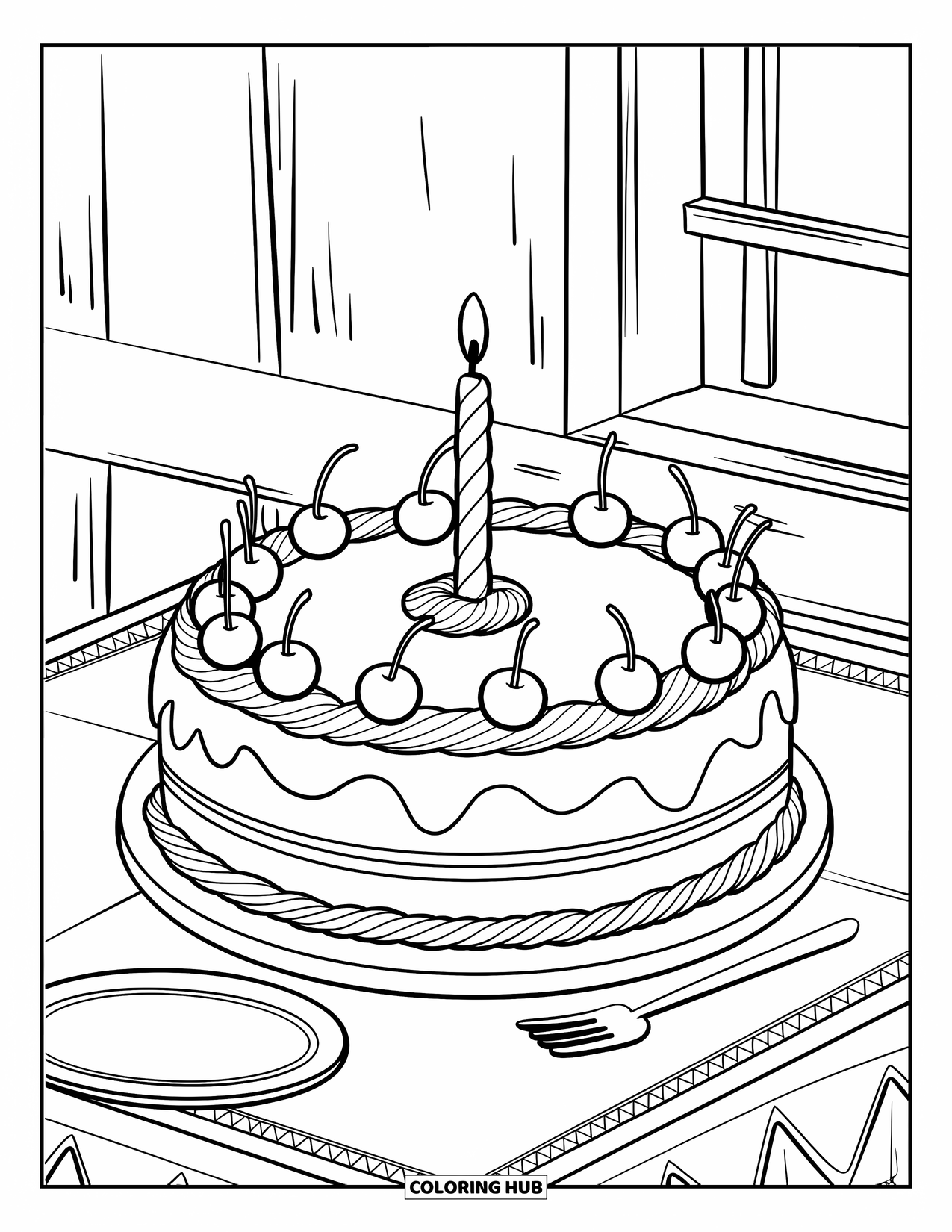 Cake Coloring Page for Kids: A round cake with piped borders, cherries, and a candle, surrounded by a table