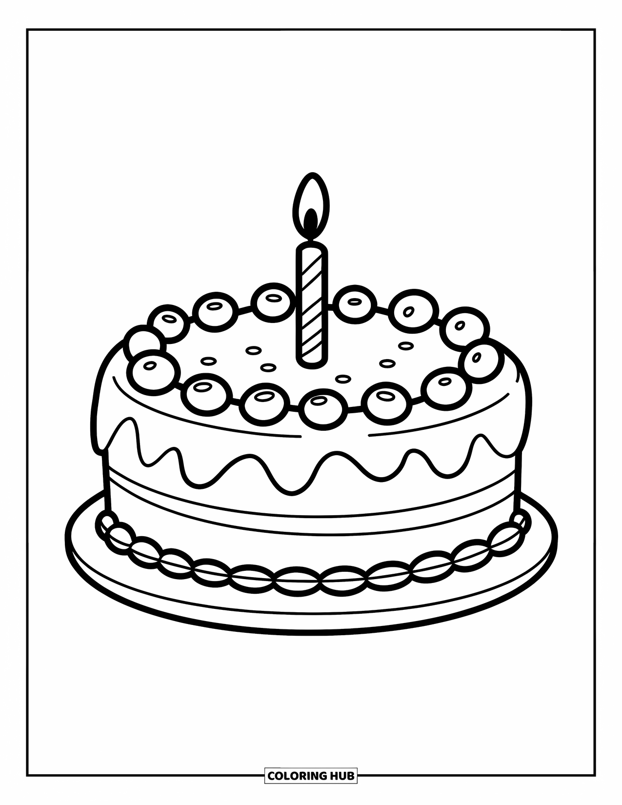 Cake Coloring Page for Kids: A single-tier round cake with smooth frosting and one candle on top