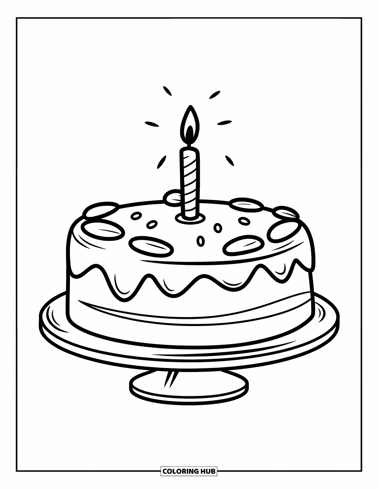 Cake Coloring Page for Kids: A single-tier round cake with smooth frosting, one candle, and minimal decorations on a stand
