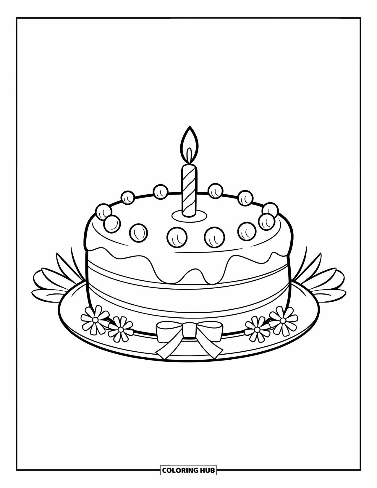Cake Coloring Page for Kids: A single-tier round cake with smooth frosting, one candle, ribbon, and flowers on a plate