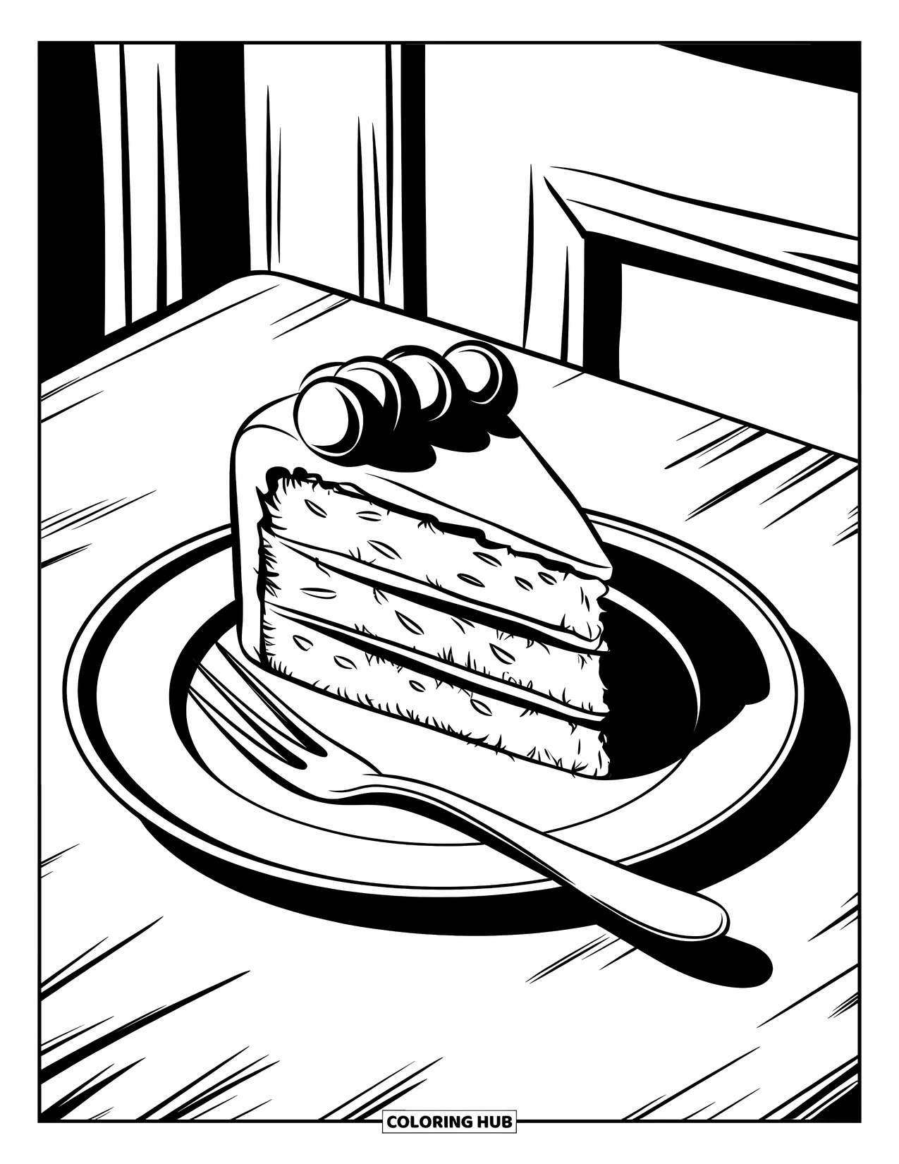 Cake Coloring Page for Kids: A slice of cake on a plate with a fork beside it, placed on a table