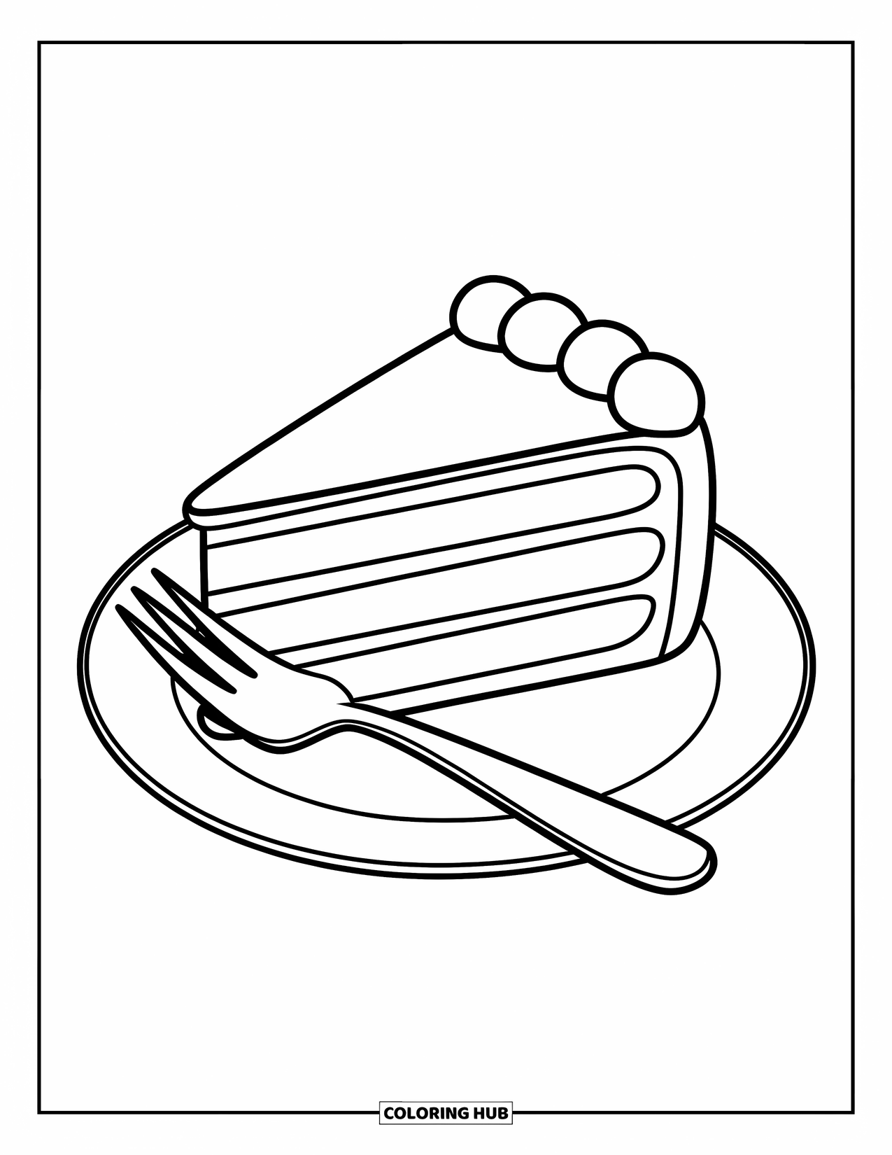 Cake Coloring Page for Kids: A slice of cake on a plate with a fork beside it