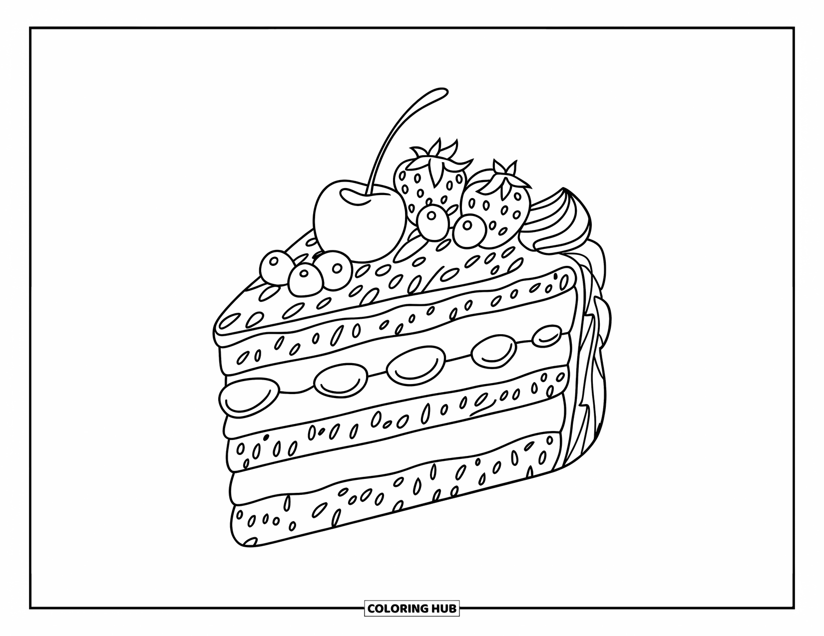 Cake Coloring Page for Kids: A slice of cake topped with a cherry, strawberries, and blueberries