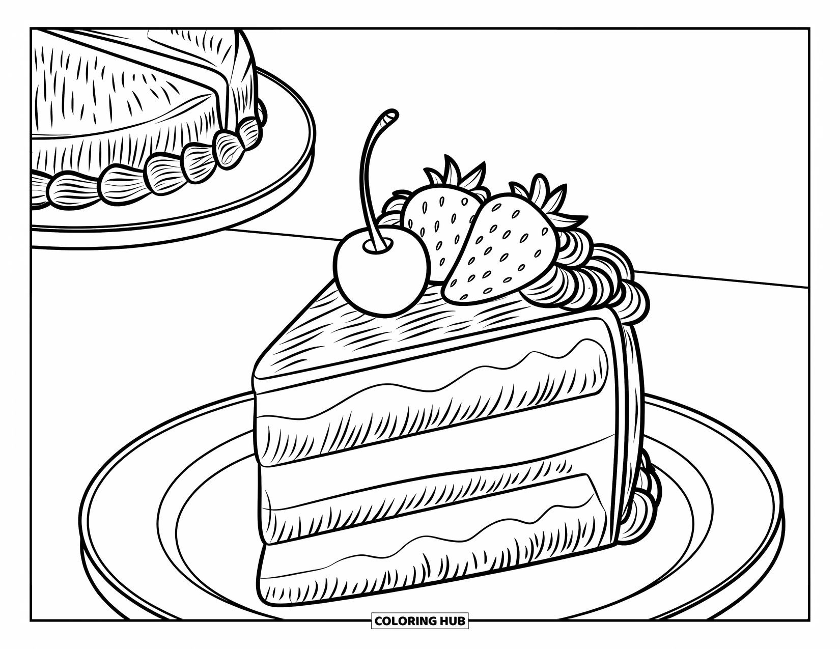 Cake Coloring Page for Kids: A slice of cake topped with a cherry, strawberries, and swirled frosting