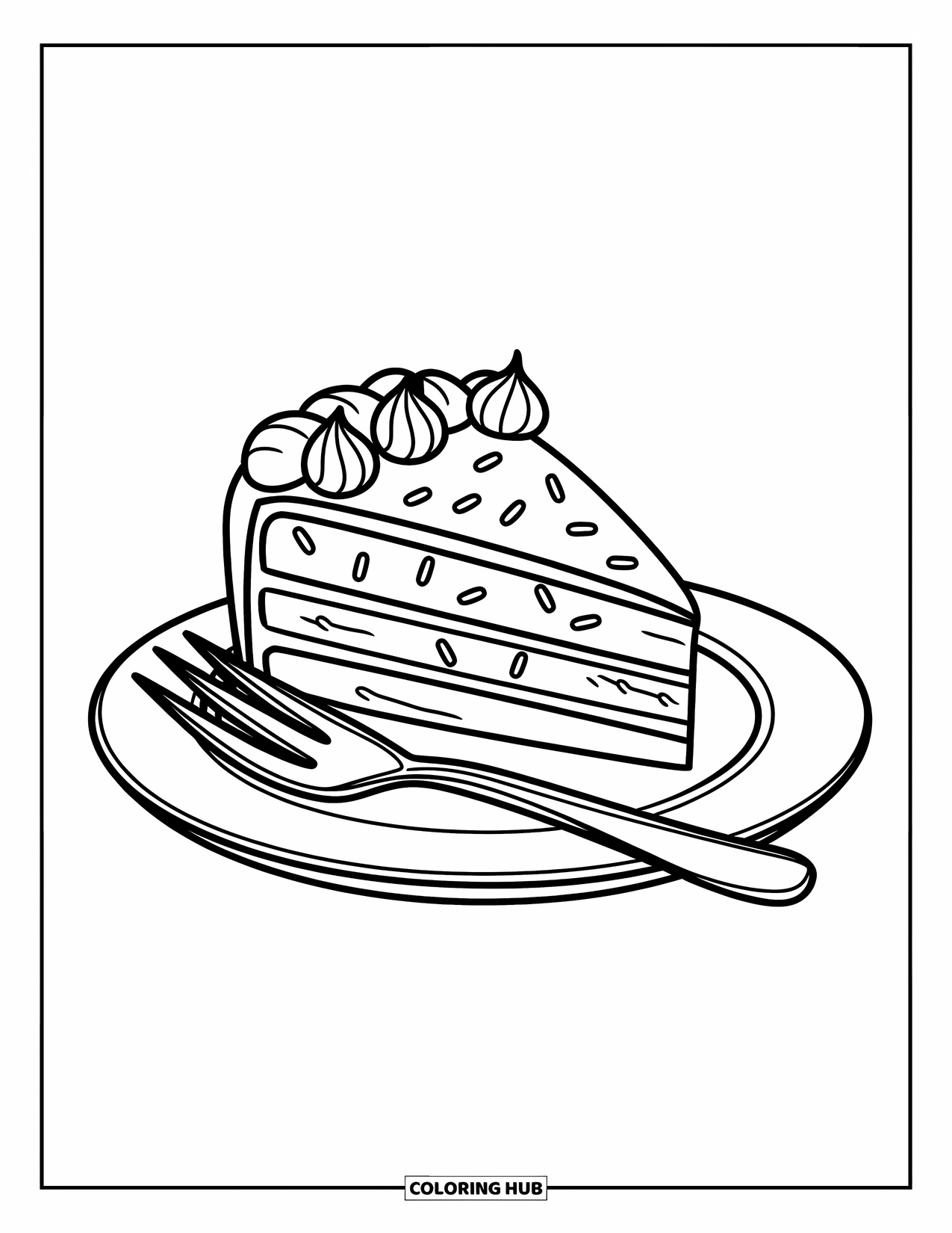 Cake Coloring Page for Kids: A slice of cake with frosting and sprinkles on a plate, with a fork beside it