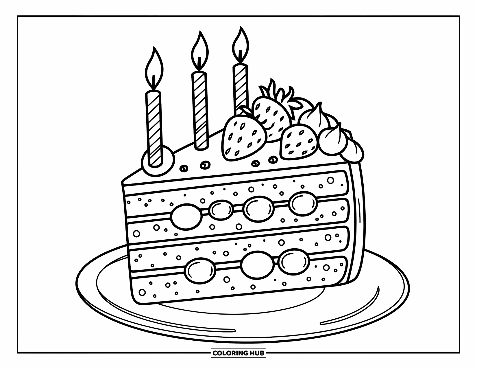 Cake Coloring Page for Kids: A slice of cake with fruit toppings and a lit candle on a plate