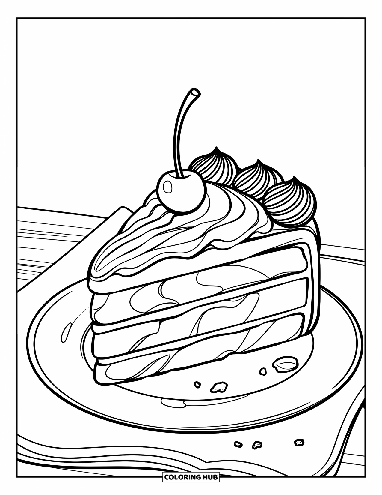 Cake Coloring Page for Kids: A slice of cake with swirled frosting, a cherry on top, and crumbs on the plate