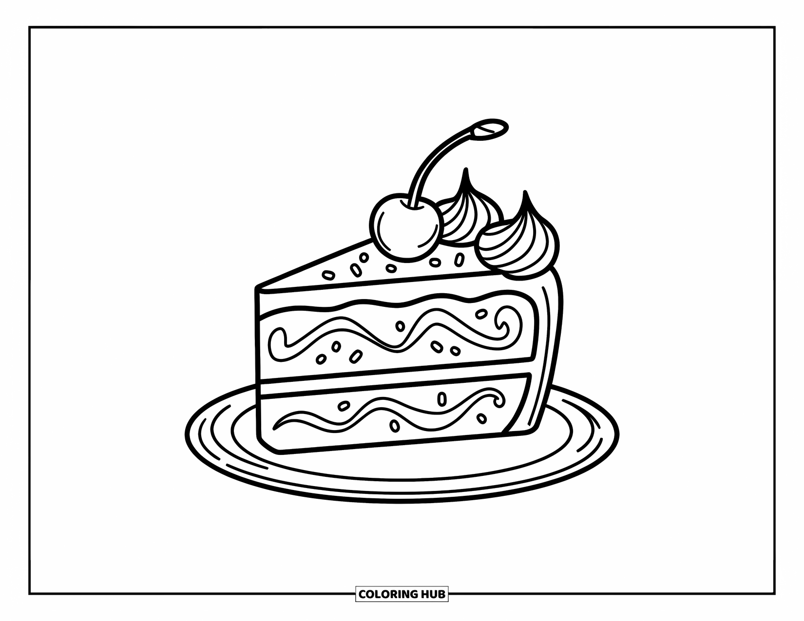 Cake Coloring Page for Kids: A slice of cake with swirled frosting, a cherry on top, and sprinkles on a plate
