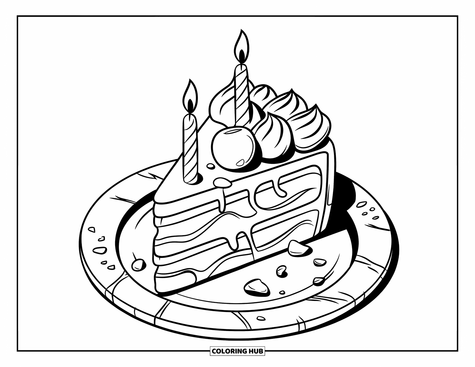 Cake Coloring Page for Kids: A slice of cake with swirled frosting, a cherry on top, and two candles on the plate