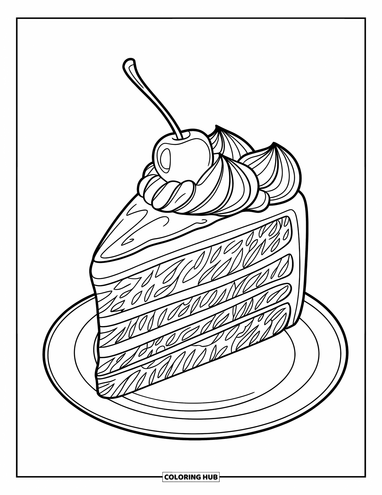 Cake Coloring Page for Kids: A slice of cake with swirled frosting, a cherry on top, placed on a white plate