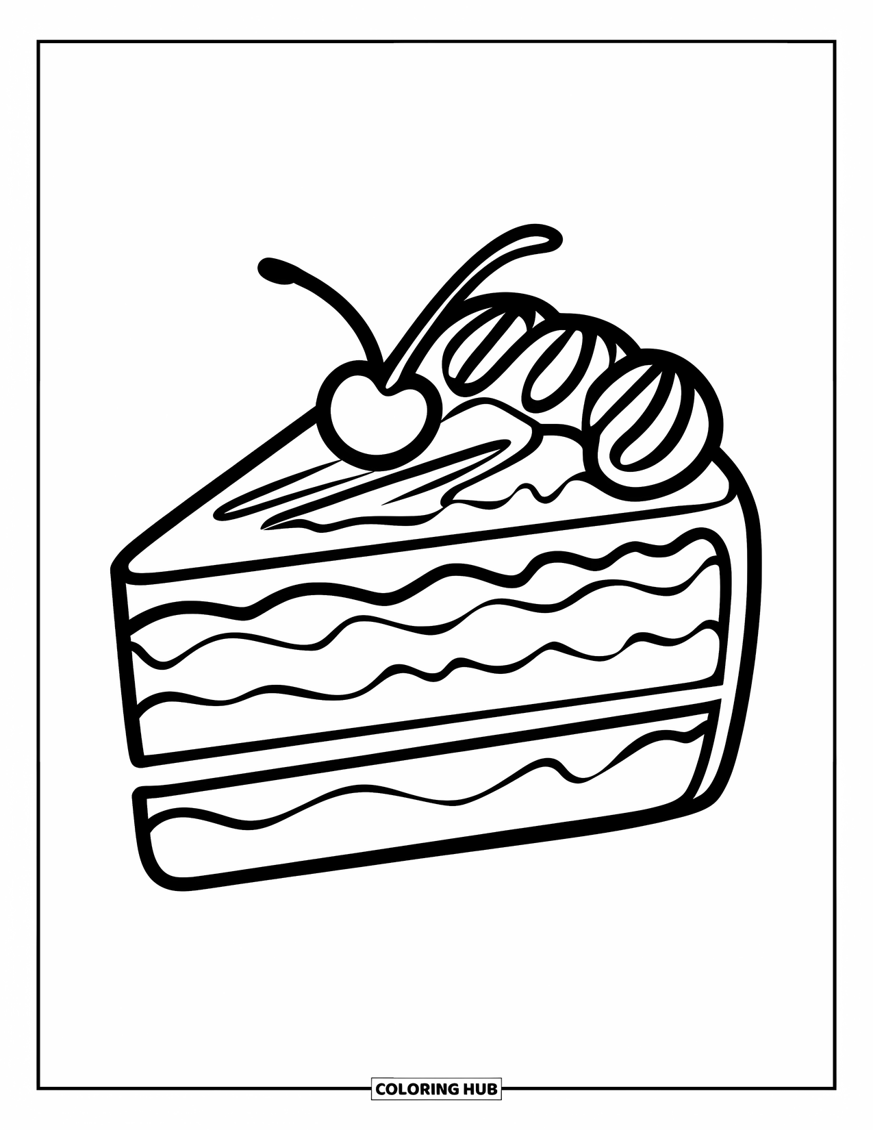 Cake Coloring Page for Kids: A slice of cake with swirled frosting, a cherry on top, with clean outlines and no shading