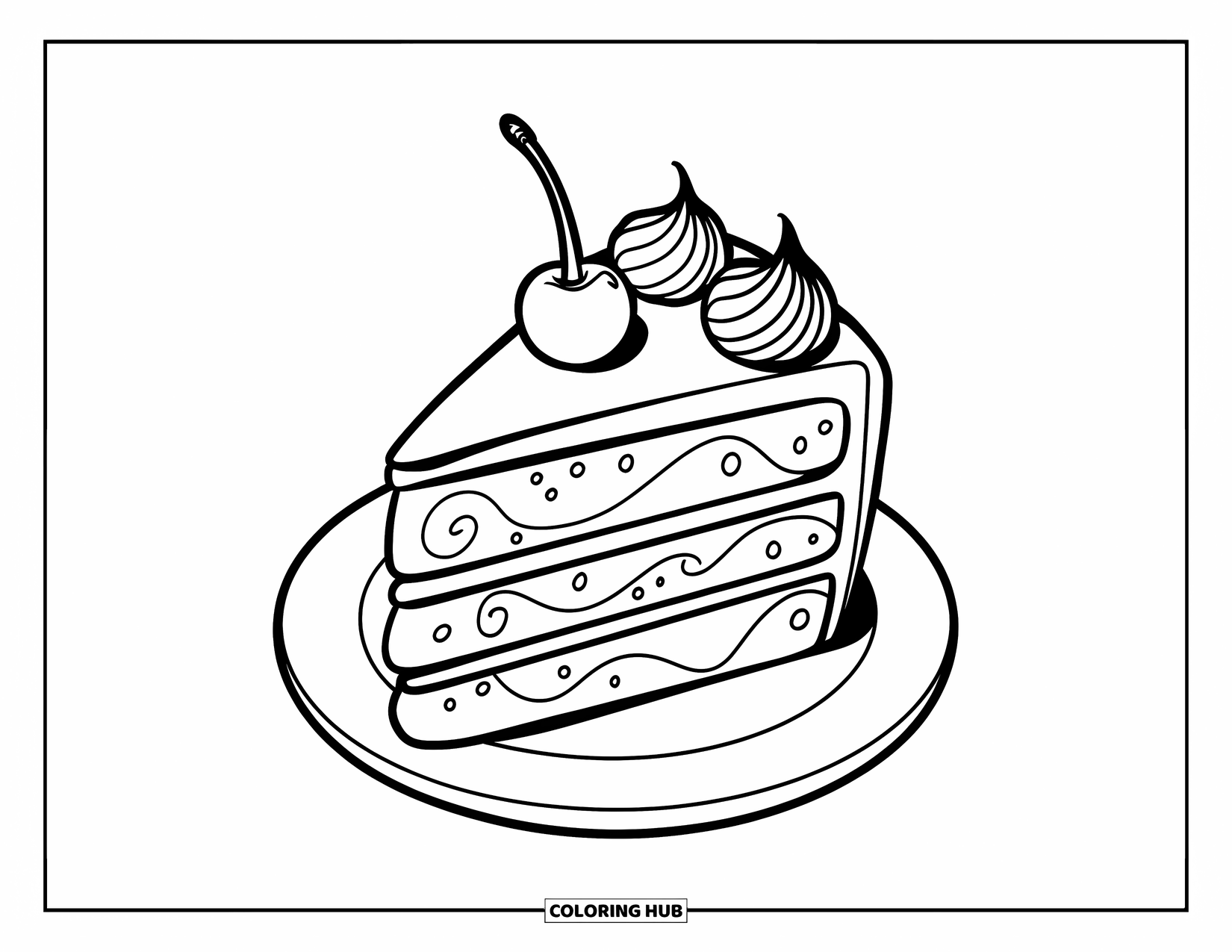 Cake Coloring Page for Kids: A slice of cake with swirled frosting and a cherry on top, placed on a plate