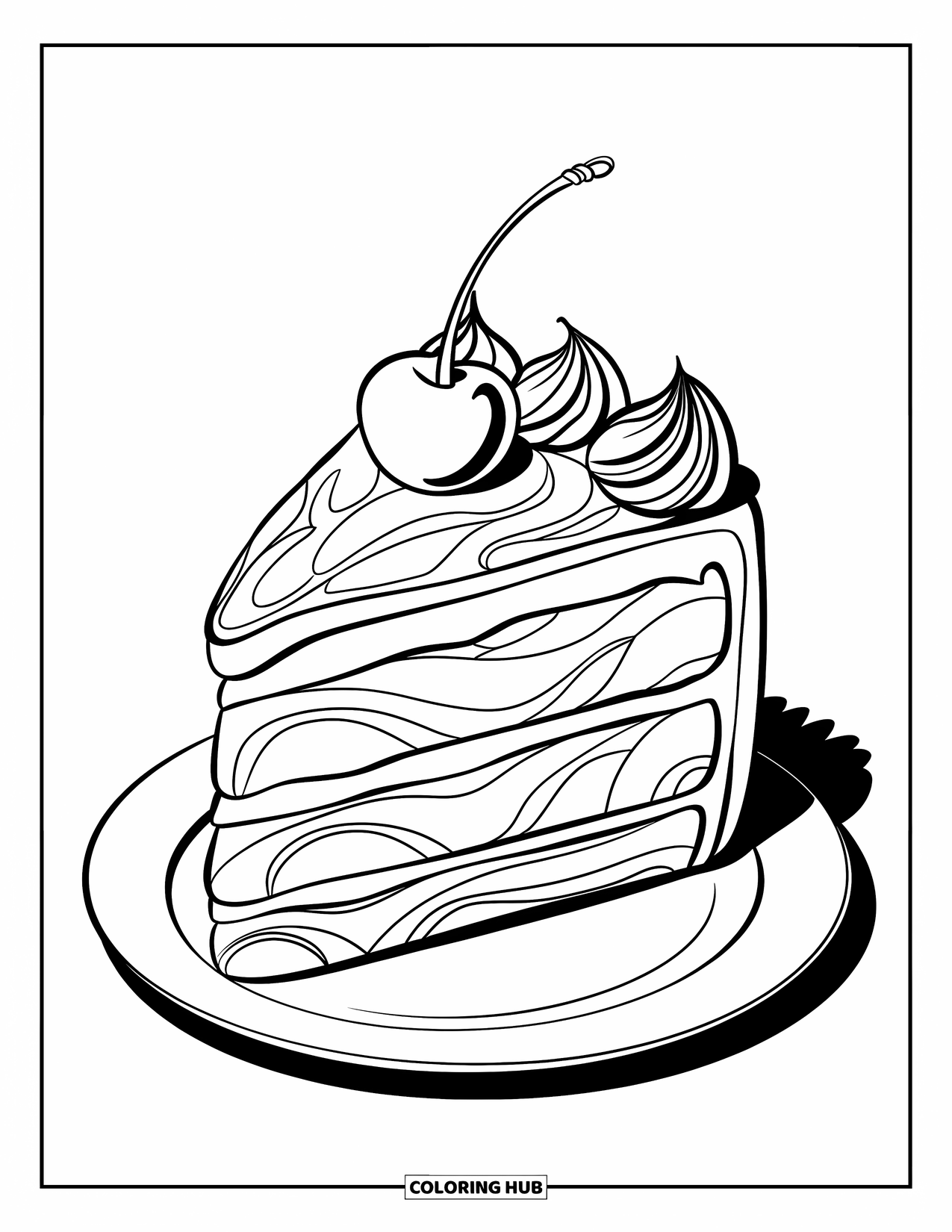 Cake Coloring Page for Kids: A slice of cake with swirled frosting and a cherry on top, placed on a white plate