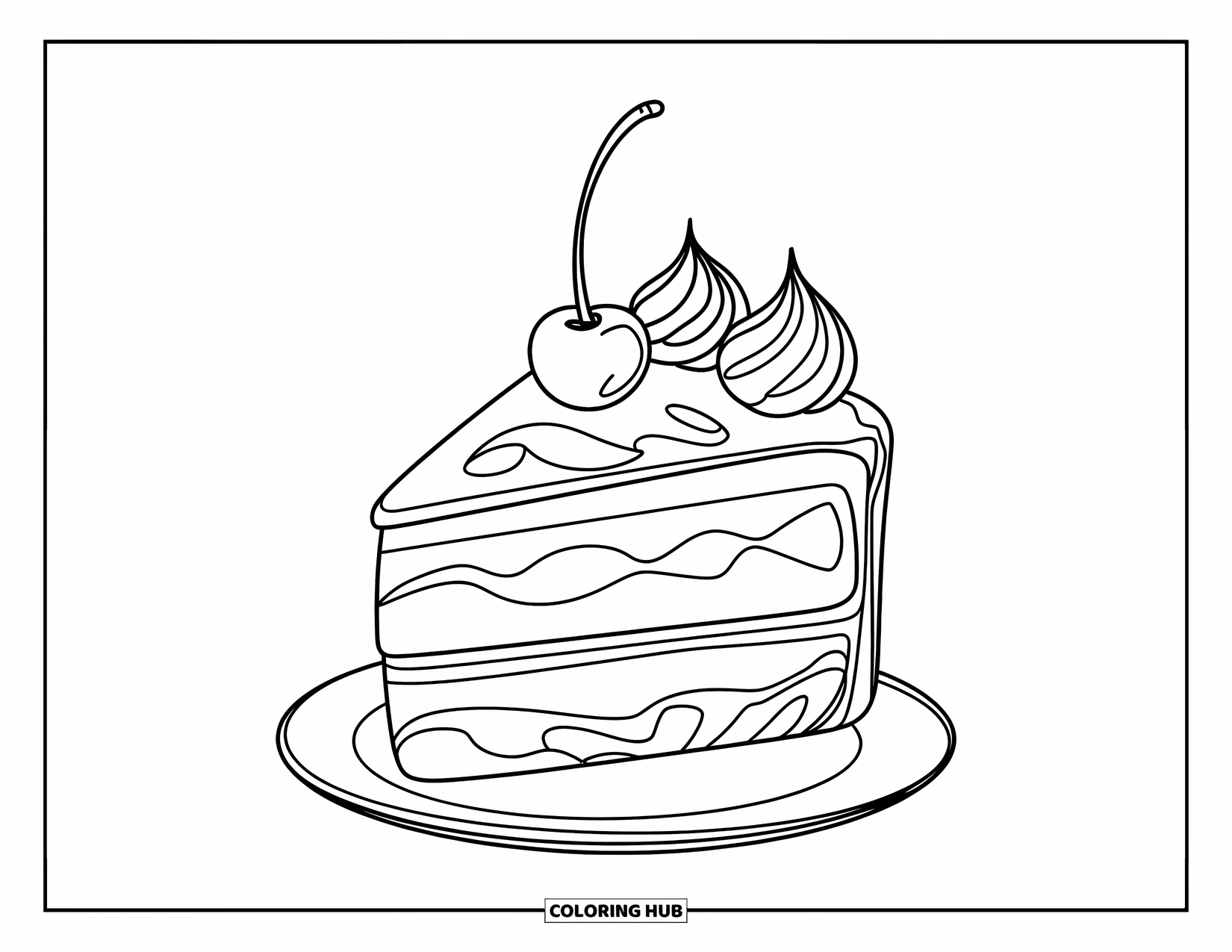 Cake Coloring Page for Kids: A slice of cake with swirled frosting and a cherry on top, with no shading