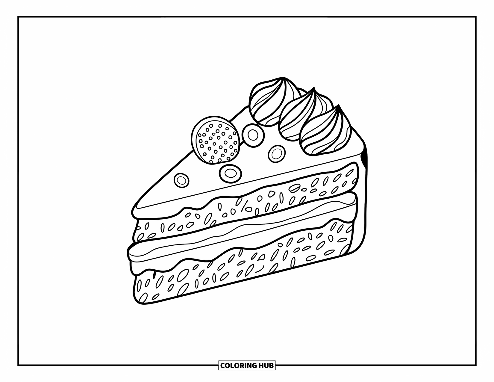 Cake Coloring Page for Kids: A slice of cake with textured frosting and light fruit decorations on a plate