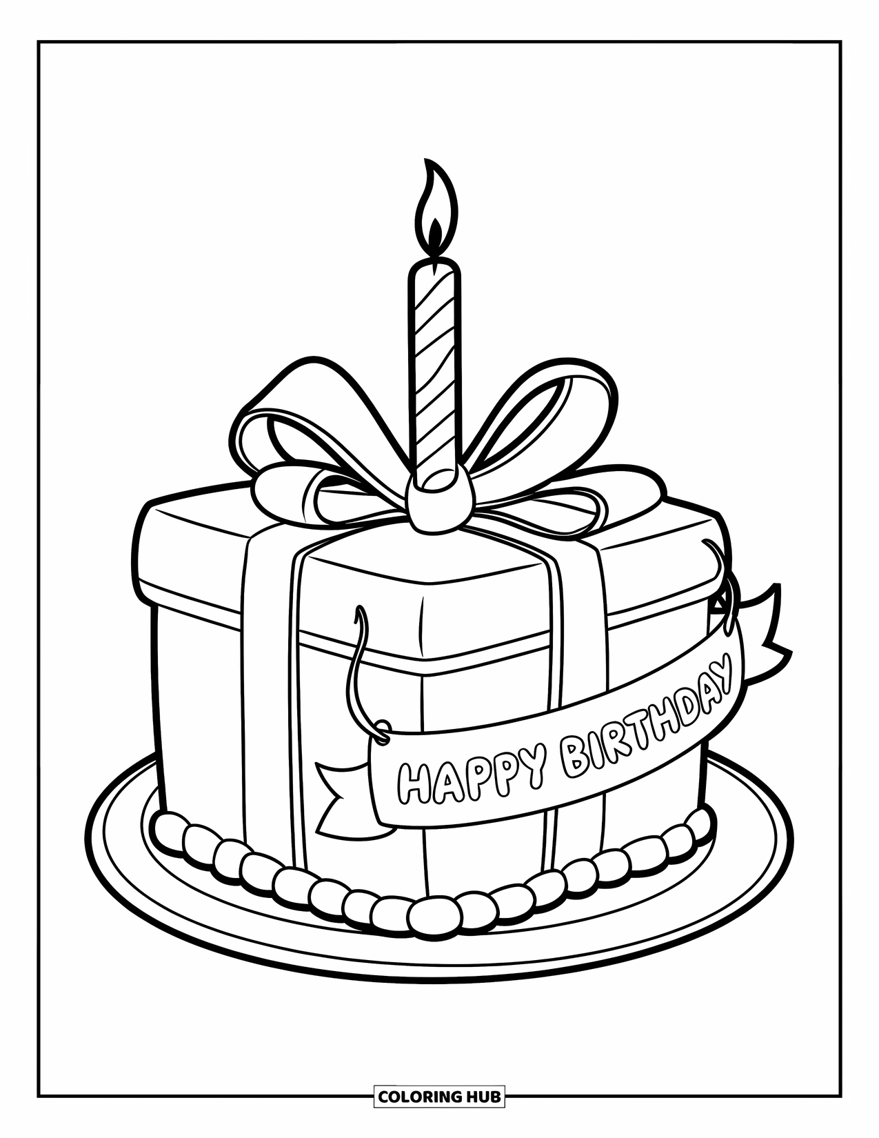 Cake Coloring Page for Kids: A small square cake with a ribbon, a "Happy Birthday" banner, and a single candle