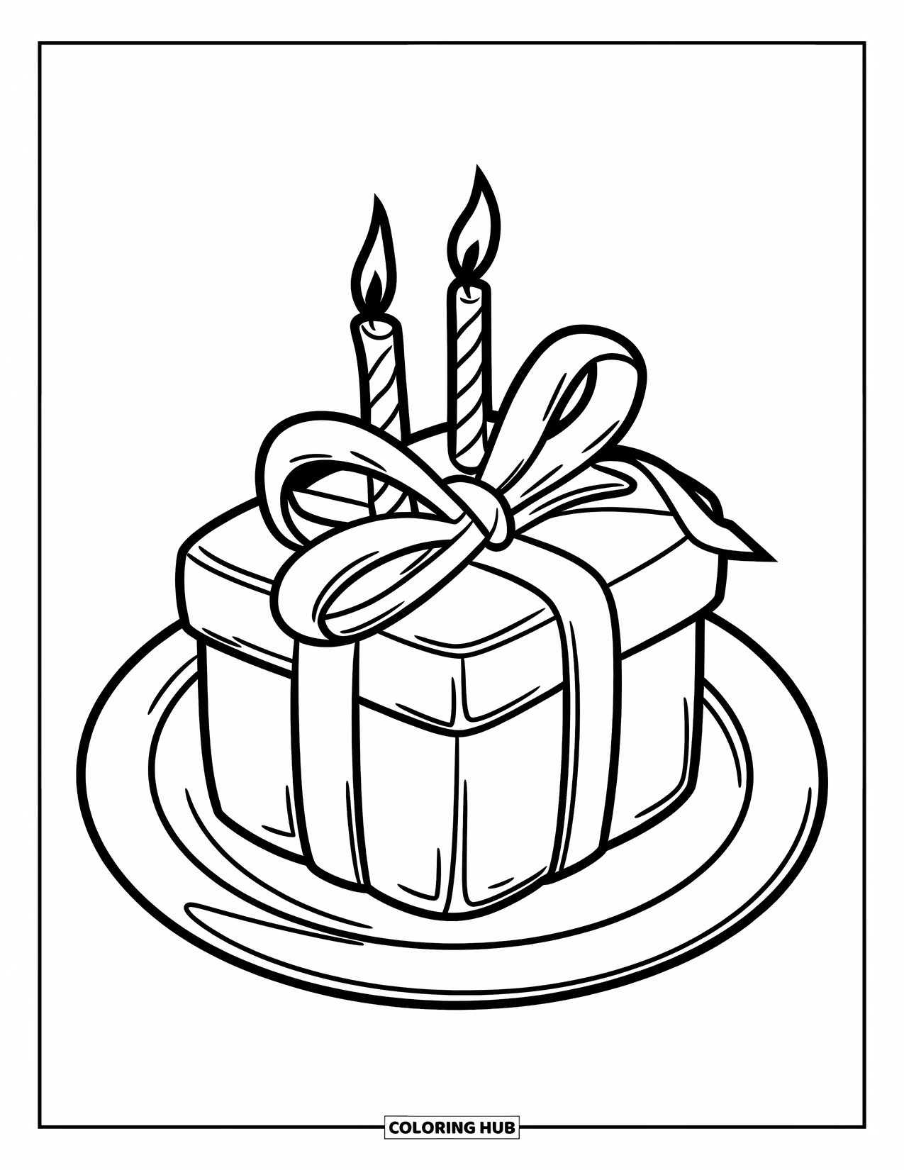 Cake Coloring Page for Kids: A small square cake with a ribbon like a gift box, placed on a plate with candles
