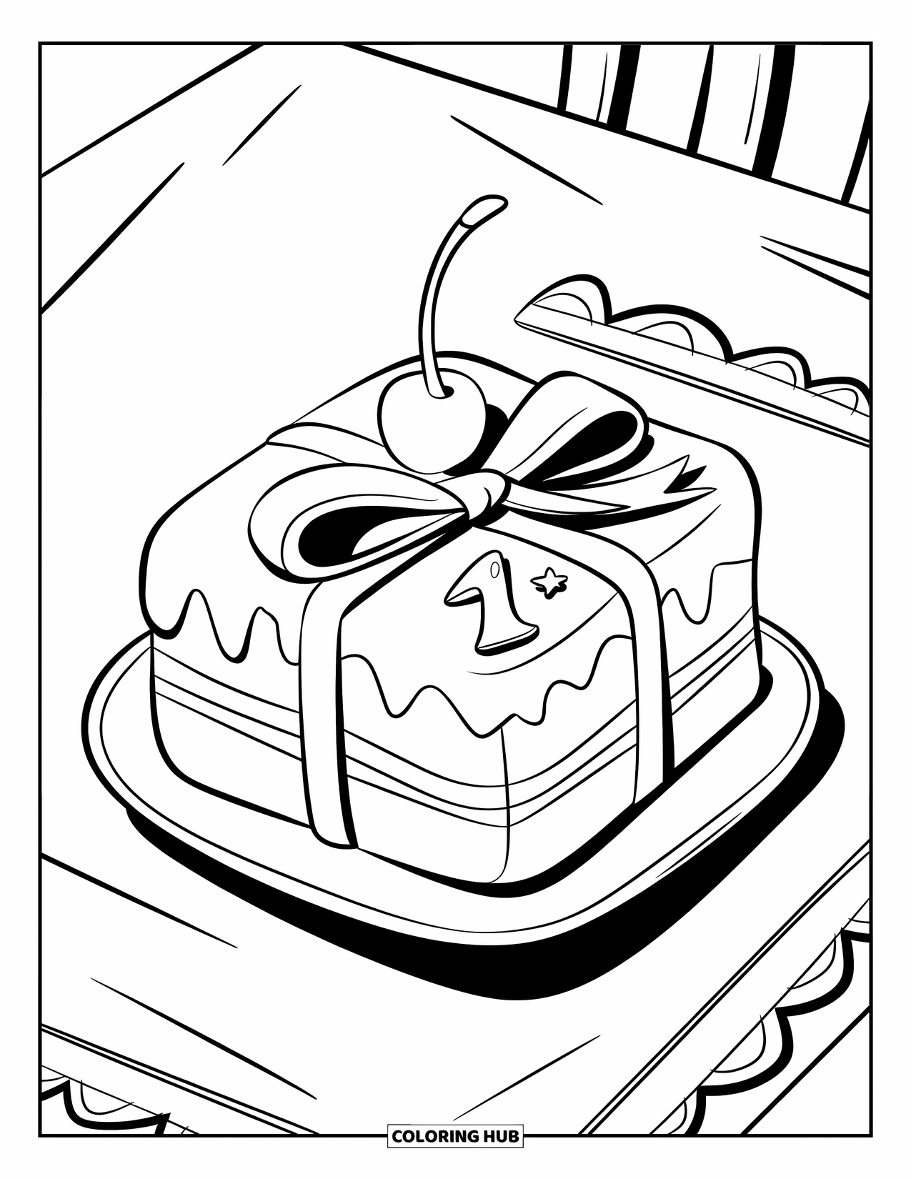 Cake Coloring Page for Kids: A small square cake with a ribbon, number "1" written in icing, and a cherry on top