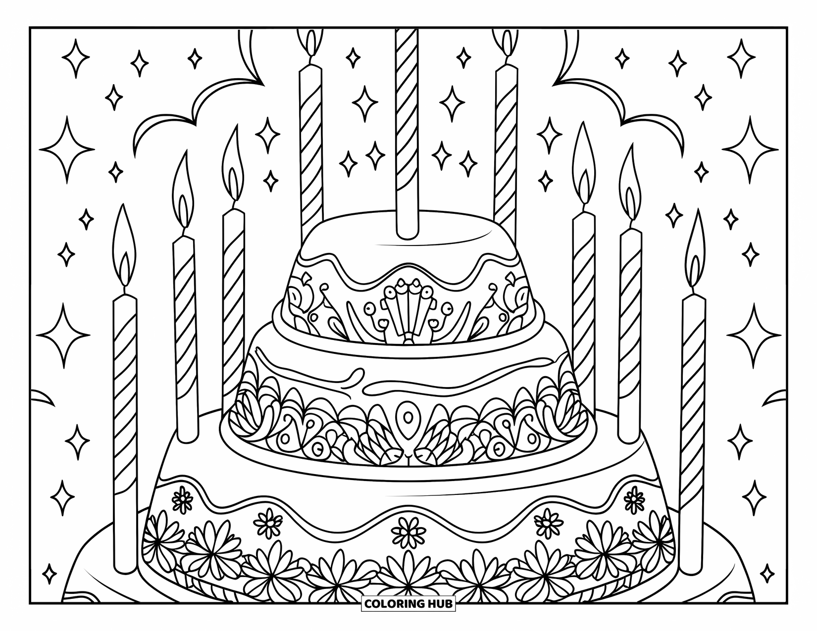 Cake Coloring Page for Kids: A three-tier cake with floral frosting, swirls, and elegant candles on a stand