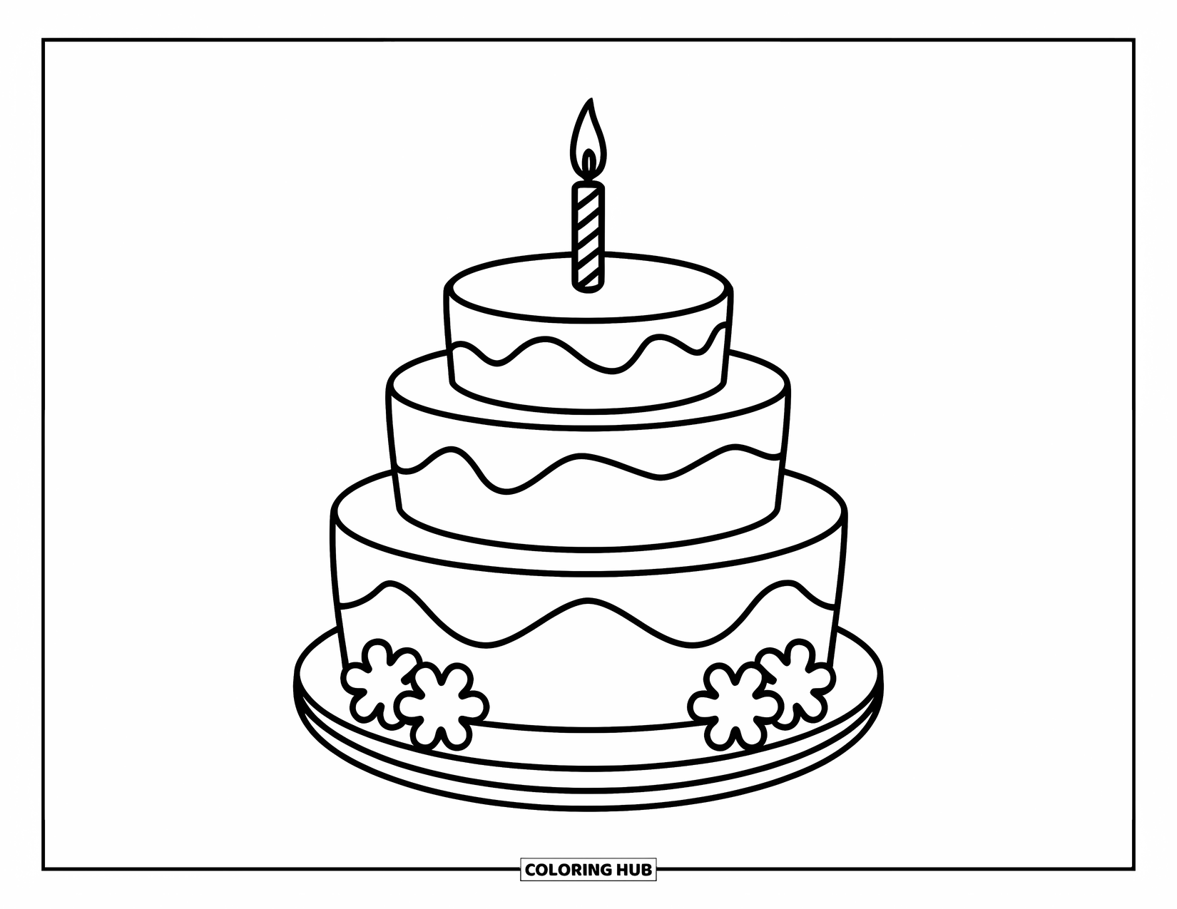 Cake Coloring Page for Kids: A three-tier cake with smooth edges, a candle on top, and two flowers made of icing