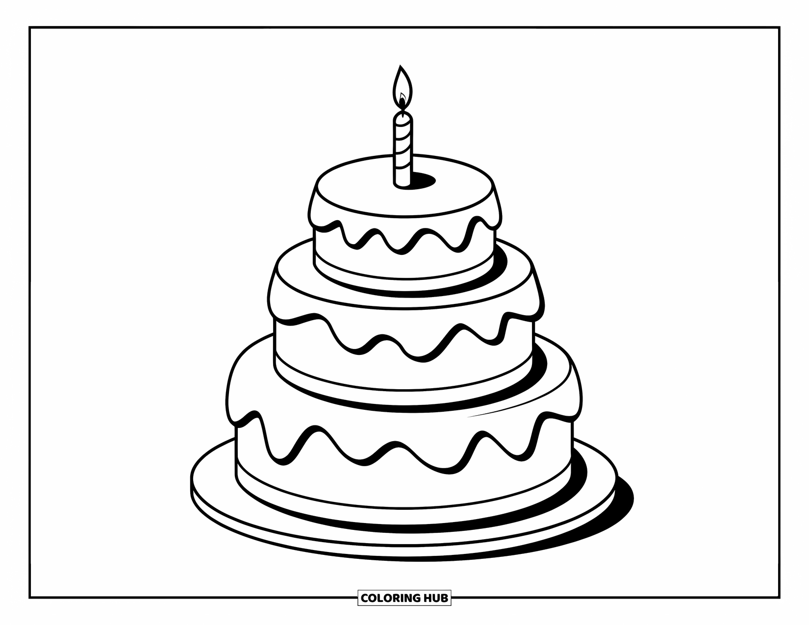 Cake Coloring Page for Kids: A three-tier cake with smooth edges, a candle on top, placed on a flat surface