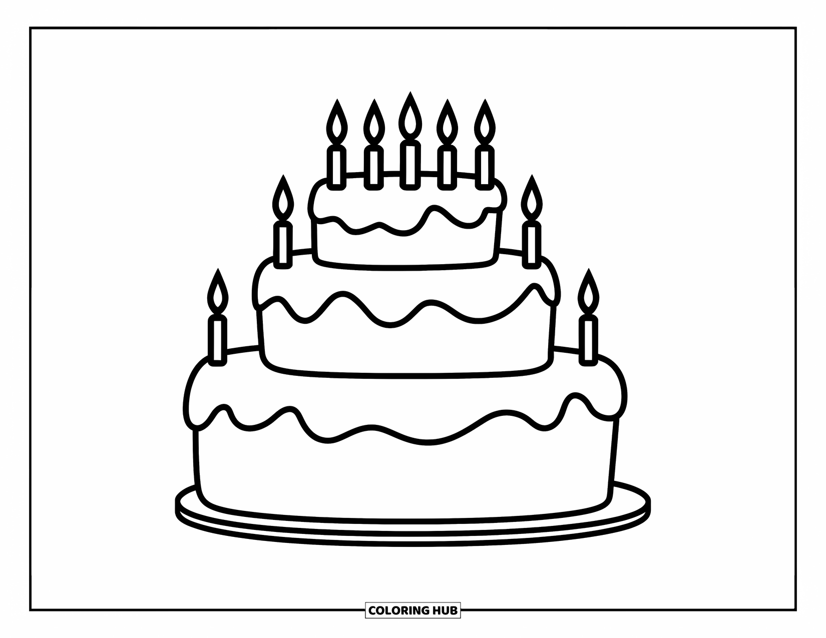 Cake Coloring Page for Kids: A three-tier cake with smooth edges, candles, and large sections