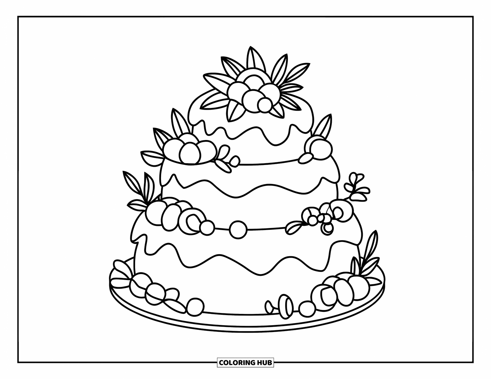 Cake Coloring Page for Kids: A three-tier cake with smooth edges, flowers, leaves, ribbons, and candies scattered around