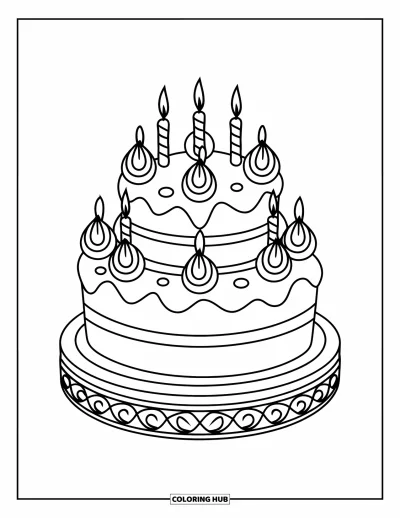 어린이를 위한 케이크 색칠공부: 프로스팅 소용돌이와 초 네 개가 꽂힌 2단 생일 케이크가 장식된 스탠드 위에 있다