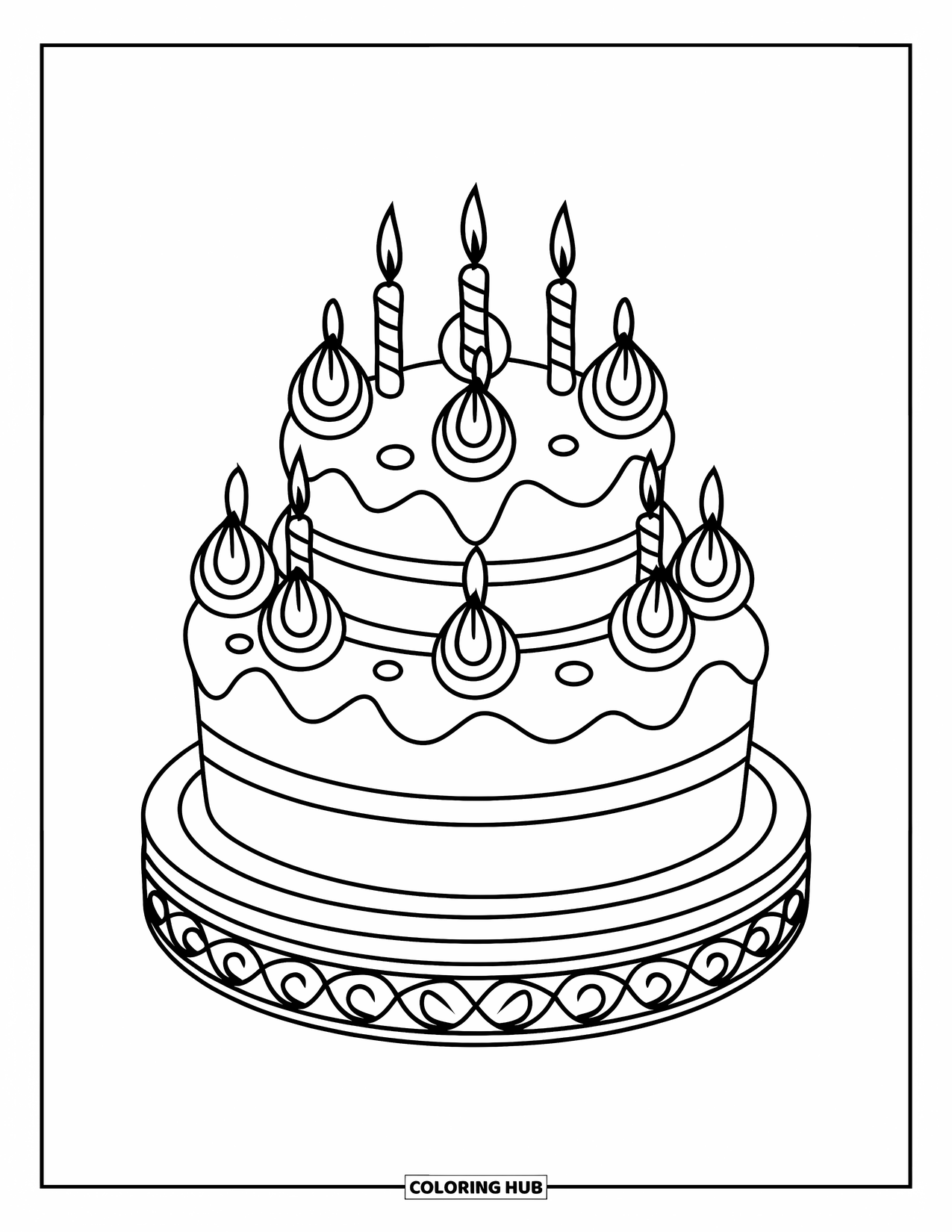 Cake Coloring Page for Kids: A two-tier birthday cake with frosting swirls, four candles, and a decorative stand