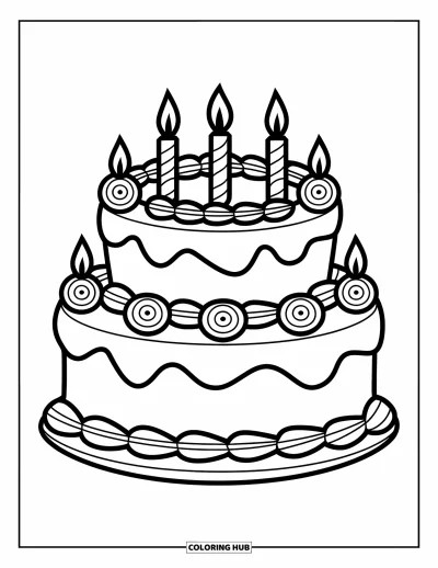 어린이를 위한 케이크 색칠공부: 프로스팅 소용돌이에 초 네 개와 세밀한 장식이 있는 2단 생일 케이크가 접시 위에 놓여 있다