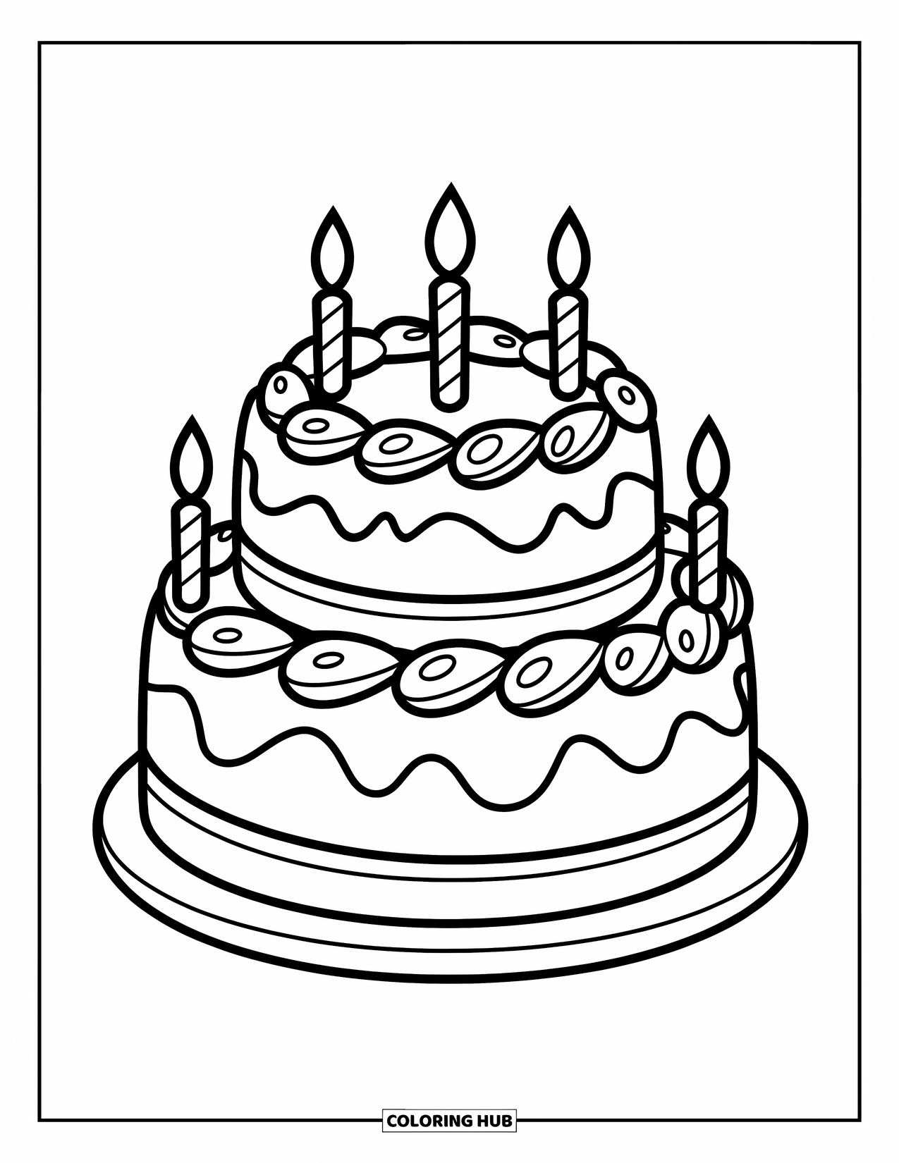 Cake Coloring Page for Kids: A two-tier birthday cake with frosting swirls, four candles, and placed on a stand