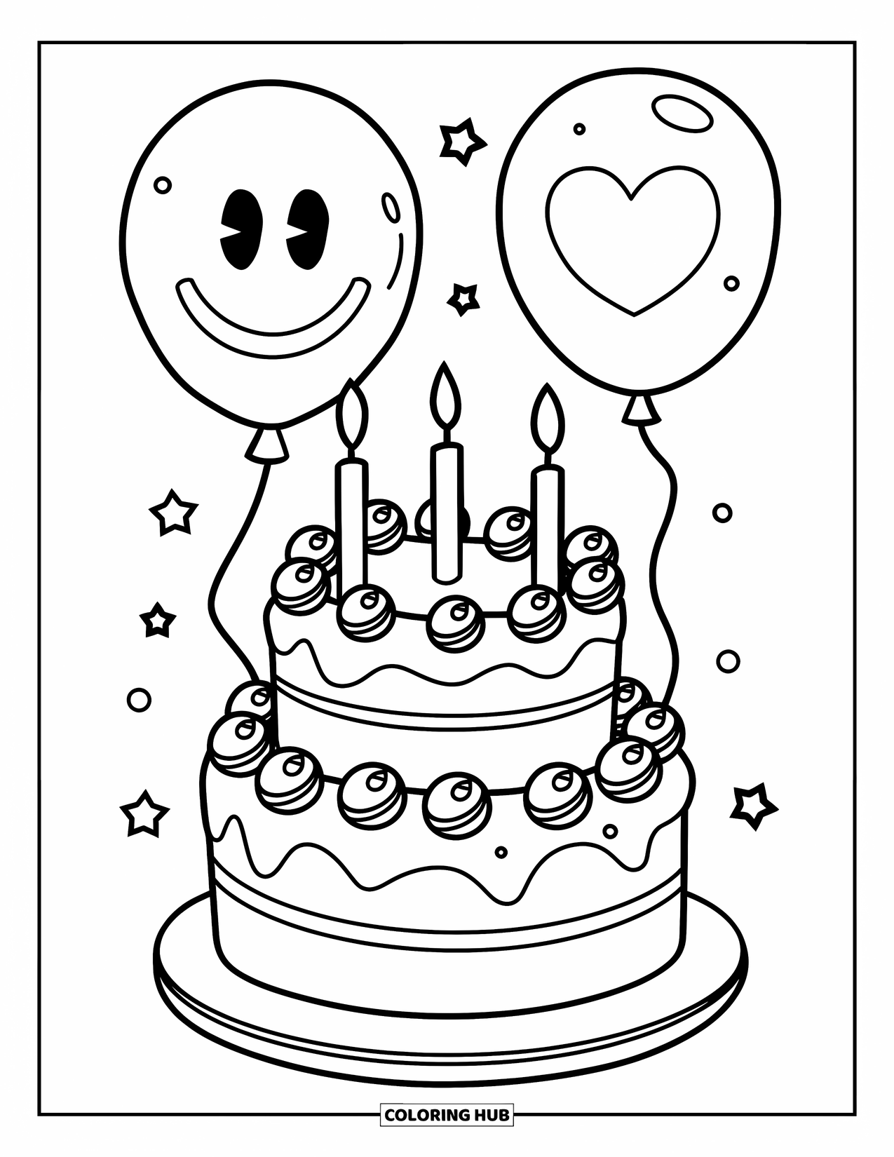 Cake Coloring Page for Kids: A two-tier birthday cake with frosting swirls, four candles, and two balloons