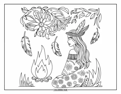 Lagerfeuer-Ausmalbild für Erwachsene: Eine Lagerfeuerszene im Boho-Stil mit Federn, Blumenmustern und rustikalem Charme