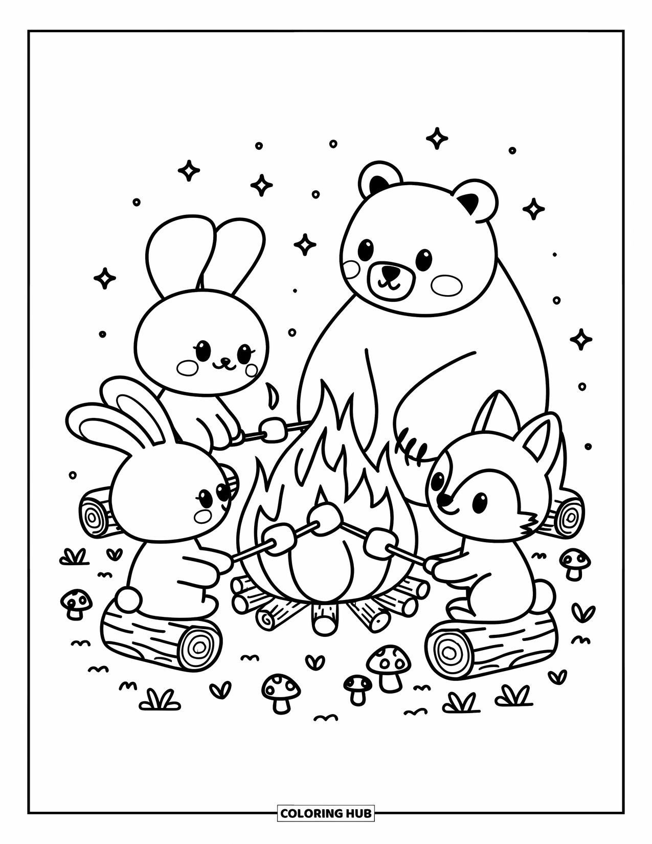 Campfire Coloring Page for Adults: A bunny, bear, and fox sit on logs, roasting marshmallows over a soft, glowing fire