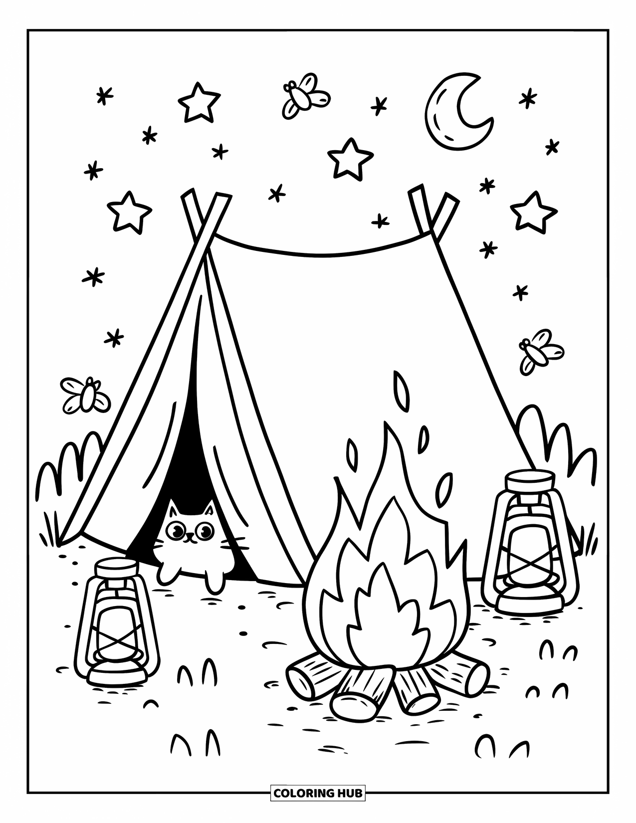 Campfire Coloring Page for Adults: A charming tent scene with a flickering campfire, a curious cat, and a glowing moon