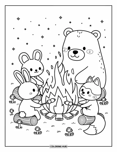 Lagerfeuer-Ausmalbild für Erwachsene: Ein schönes Tier-Lagerfeuer, bei dem Waldfreunde unter sternenklarem Himmel Marshmallows rösten