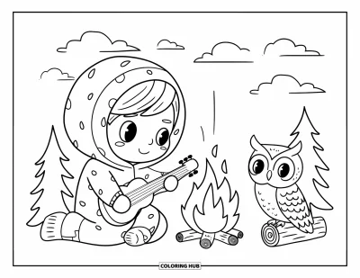 Lagerfeuer-Ausmalbild für Erwachsene: Eine schöne Lagerfeuerszene, in der ein Chibi-Kind Gitarre spielt, während eine Eule den Kopf schief legt